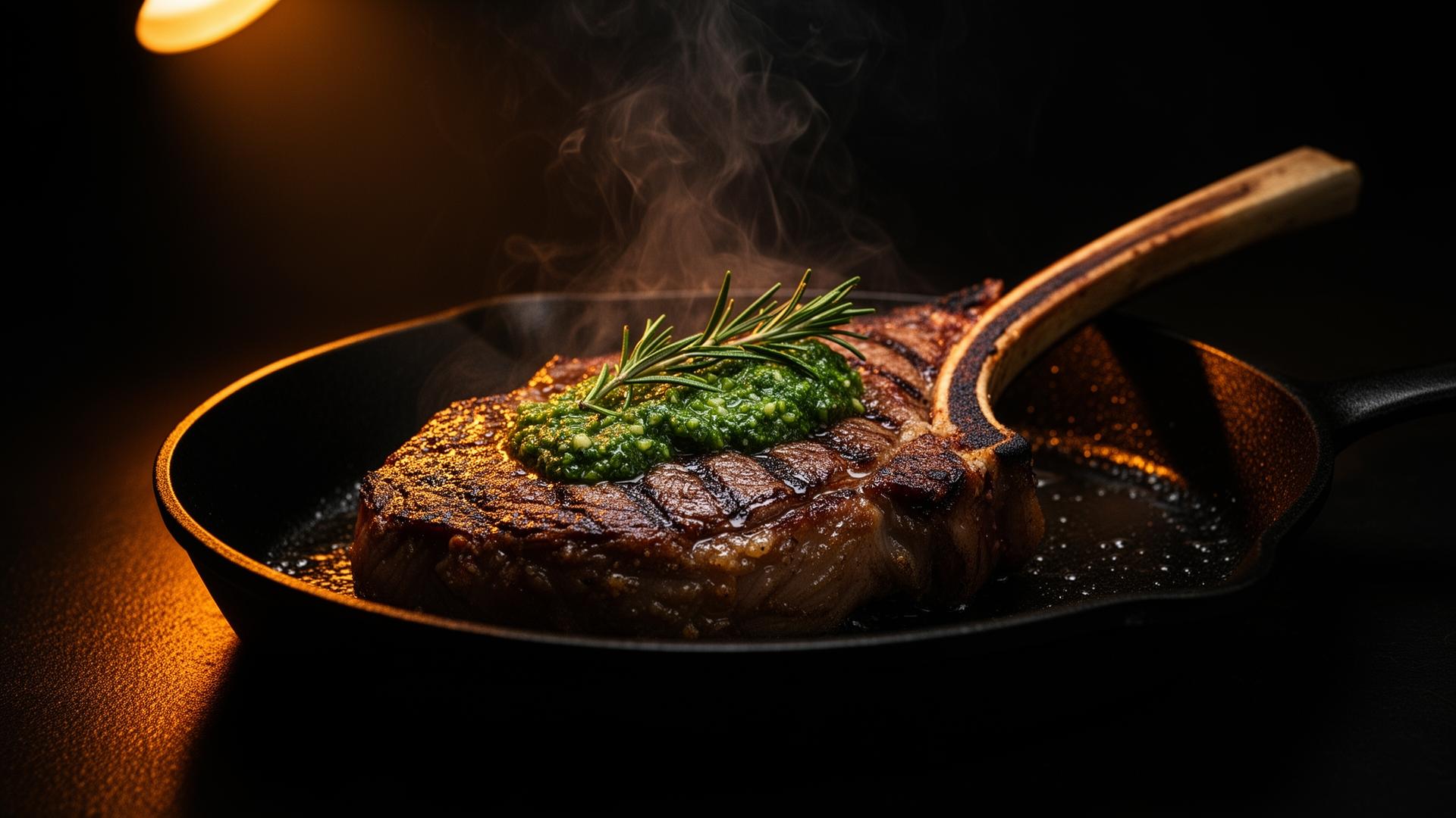 Flame-grilled tomahawk steak with chimichurri at Eko's Bar & Grill